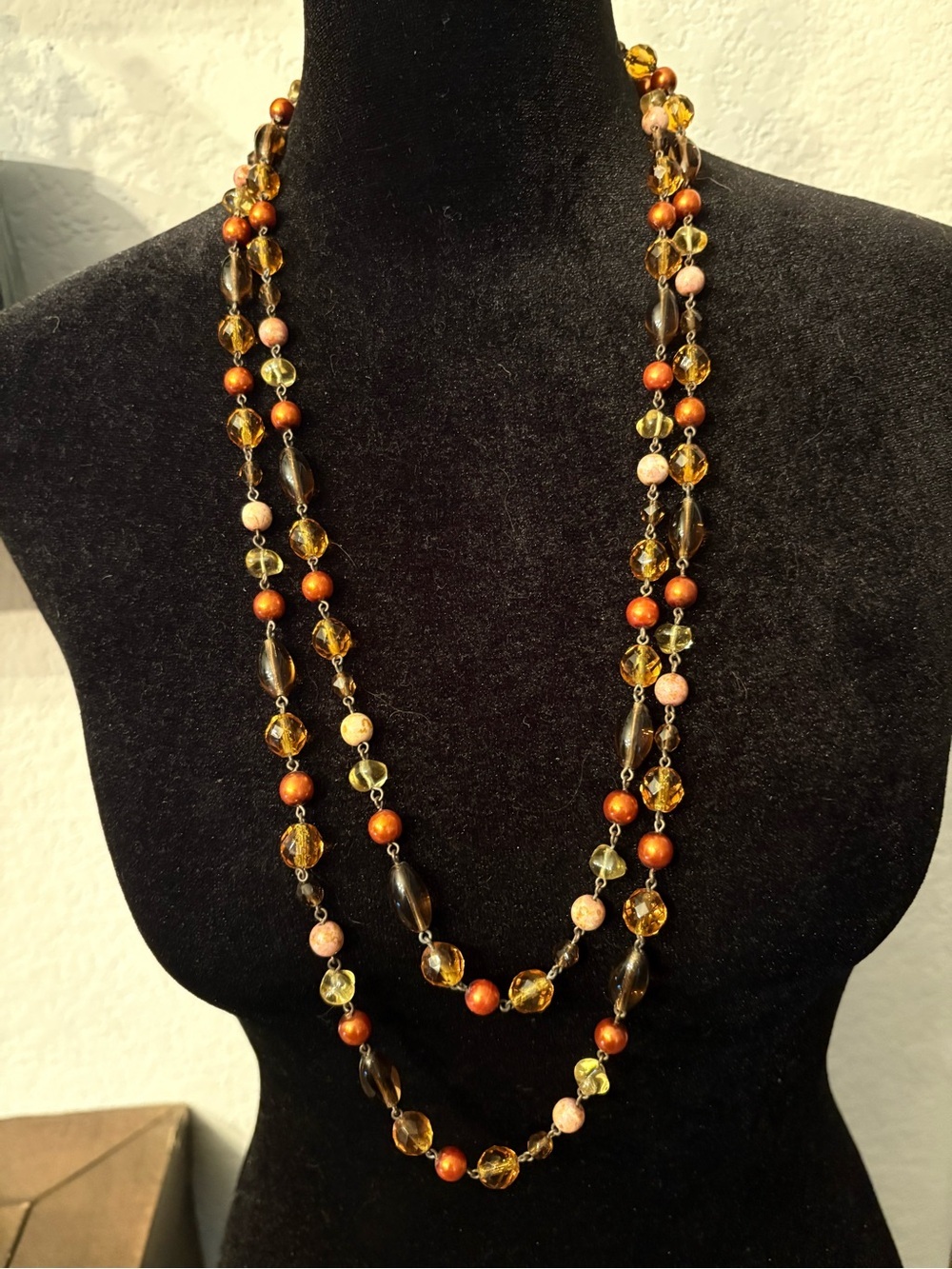 Long Layered Amber and Brown Beaded Necklace - Women Jewelry